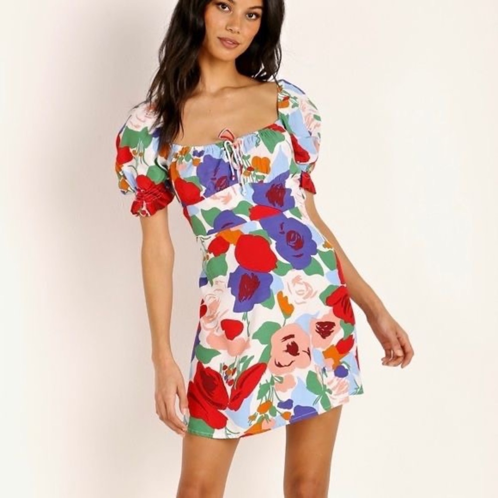 Square Neck Floral Print Mini Dress with Puff Sleeve